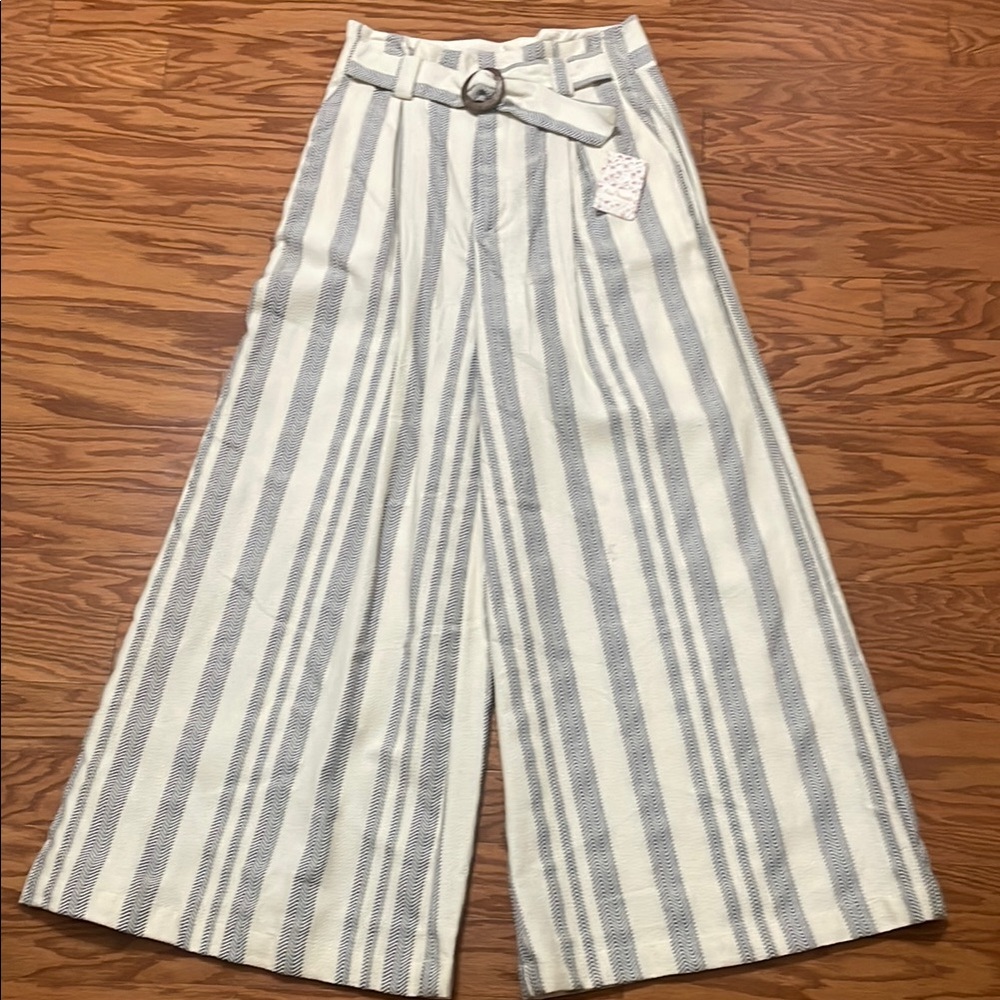 Free People Ivory Combo Size 10/31 Length Striped Wide-Leg Pants with Belt